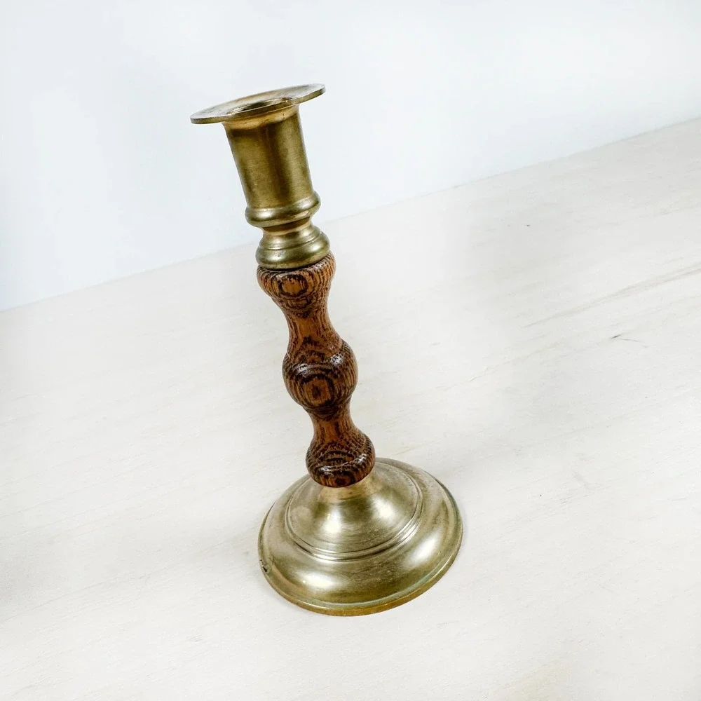 Vintage Wood & Brass Tigerwood Candle Stick Holder MCM Retro‎ Decor Mod